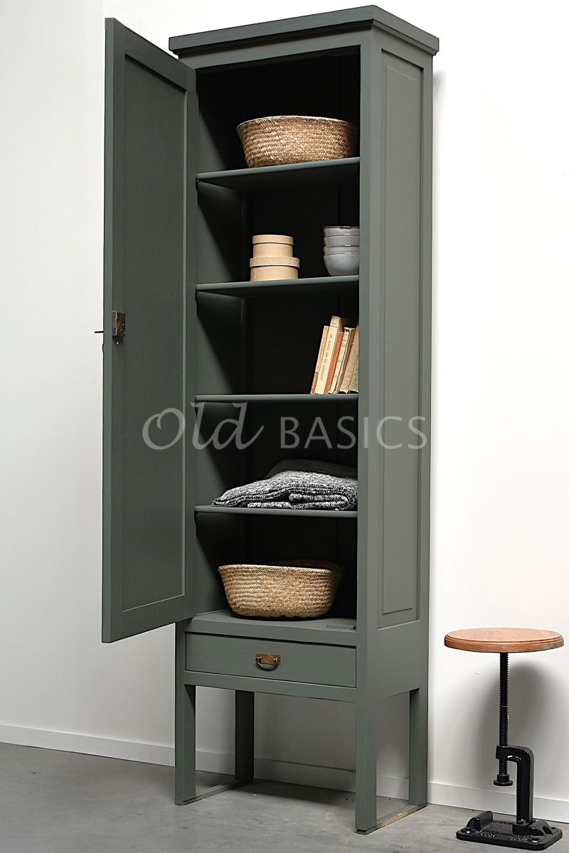 Detail van Smalle kast Vertou, 1 deuren, RAL7009, groen, grijs, materiaal hout